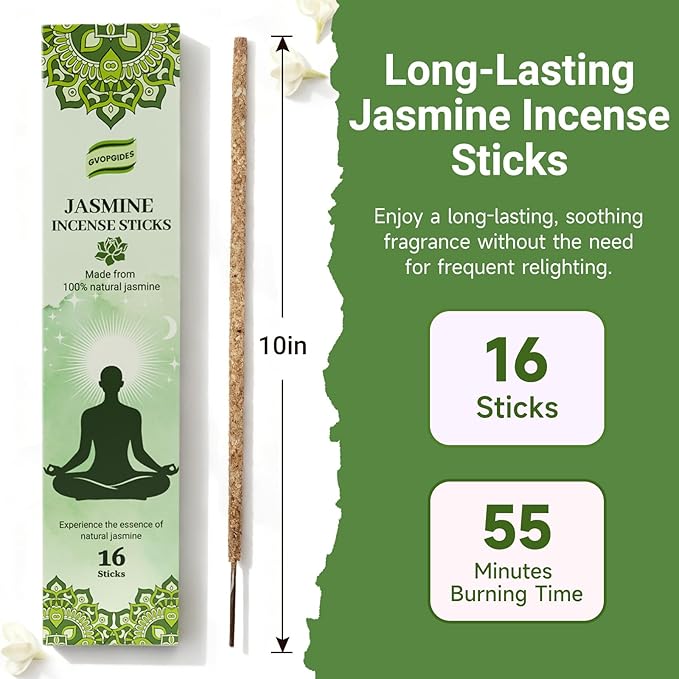 Jasmine Incense Sticks Natural - 16 Sticks Handcrafted Jasmine Sticks for Relaxation, Meditation, Yoga, Spiritual Purification & Home Ambiance | inciensos aromaticos para la casa