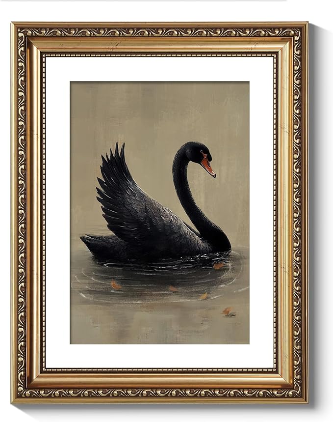 ARPEOTCY Vintage Gold Framed Wall Art Decor, Black Grace Swan Canvs Art for Living Room Bedroom Office, 11x14 Inch Vintage Animal Oil Painting Picture Bathroom Wall Decor Aesthtic
