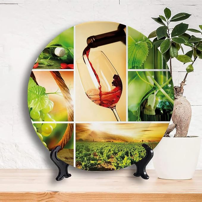 Ceramic Display Plate, Wine Ceramic Hanging Decorative Plate, Wine Tasting and Grapevine Collage Green Fresh, 8 Inch, Living Room Kitchen Decoration Household, Green Ruby Caramel
