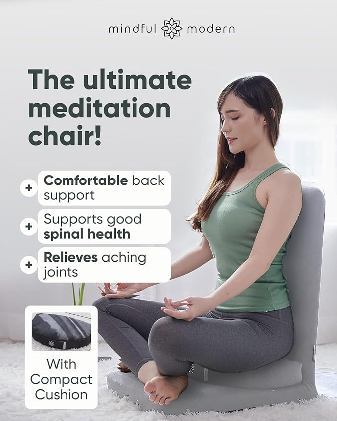 Mindful Modern Folding Pro Meditation Chair - Adjustable Meditation Seat with Back Support and Half Moon Buckwheat Meditation Cushion - Comfortable Mindfulness Living Room Floor Chair