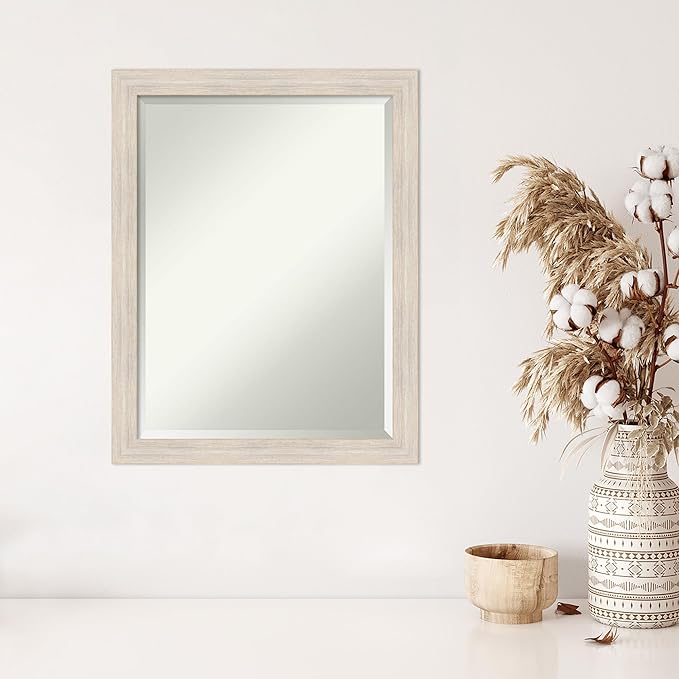 Amanti Art White Wall Mirror 27x21 Hardwood White Wash Narrow Rectangle Bathroom Mirror for Wall Decor Living Room, Medium Country Rustic Wood Frame, Hangs Horizonally and Vertically, Bathroom Decor,