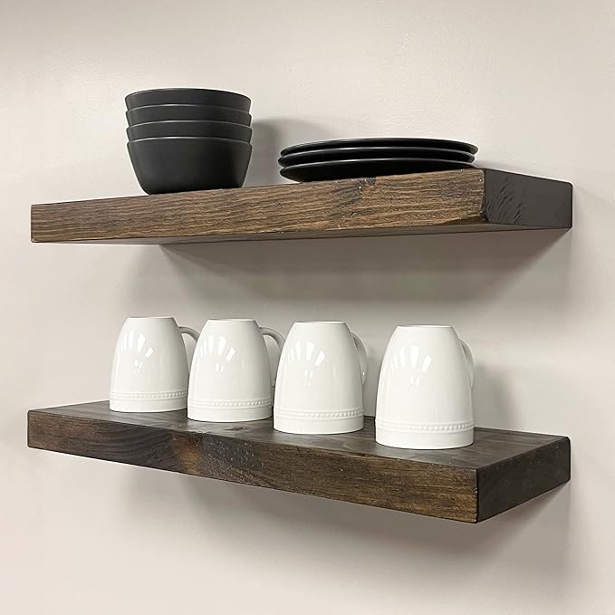 URBANDI, Rustic Floating Shelves, Set of 2, Hidden Bracket, Solid Wood, Heavy Duty, Wall Mounted Shelves, (Dark Brown, 12Wx12D)