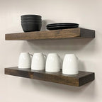 URBANDI, Rustic Floating Shelves, Set of 2, Hidden Bracket, Solid Wood, Heavy Duty, Wall Mounted Shelves, (Dark Brown, 24Wx6D)