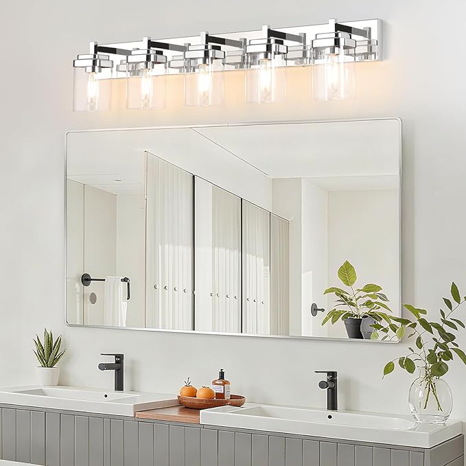 Vanity Light Fixture,5-Light Vanity Light for Bathroom,Chrome Bathroom Vanity Lighting Over Mirror with Square Clear Glass Shade for Restroom