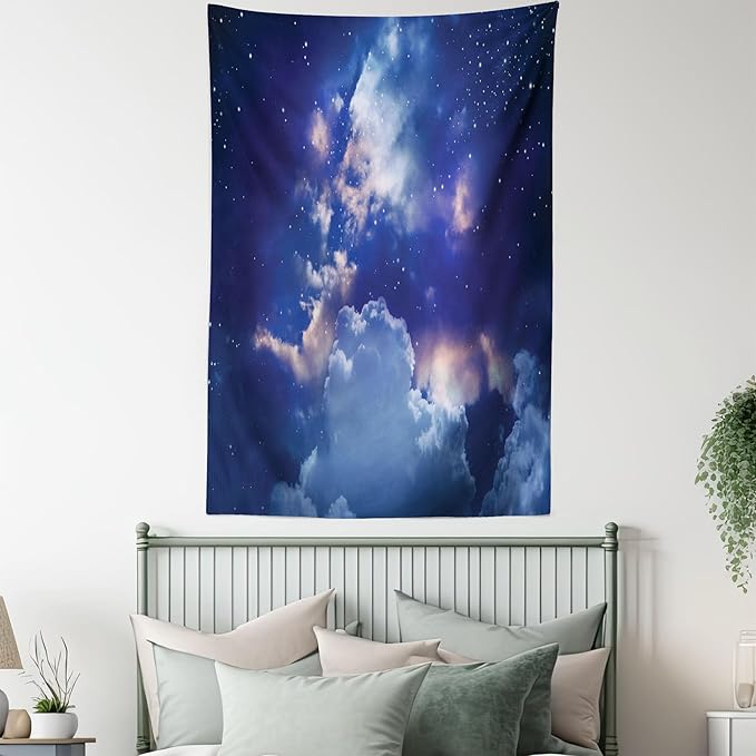 Ambesonne Space Tapestry, Magic Sky View with Star and Clouds Celestial Colorful World Cosmic Expanse Theme, Fabric Wall Hanging Decor for Bedroom Living Room Dorm, 30" X 45", White and Blue