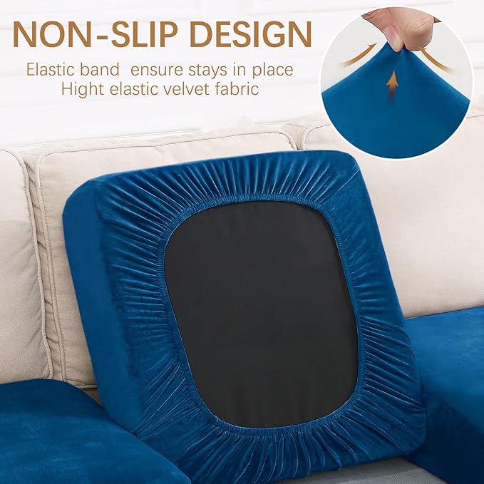 hyha Velvet Couch Cushion Covers, Soft Sofa Seat Covers for sectional 3 Cushion Couch Washable, Magic Sofa Slipcover with Elastic Bottom, Non-Slip Furniture Protector for Pets, Kid(3PC, Royal Blue)