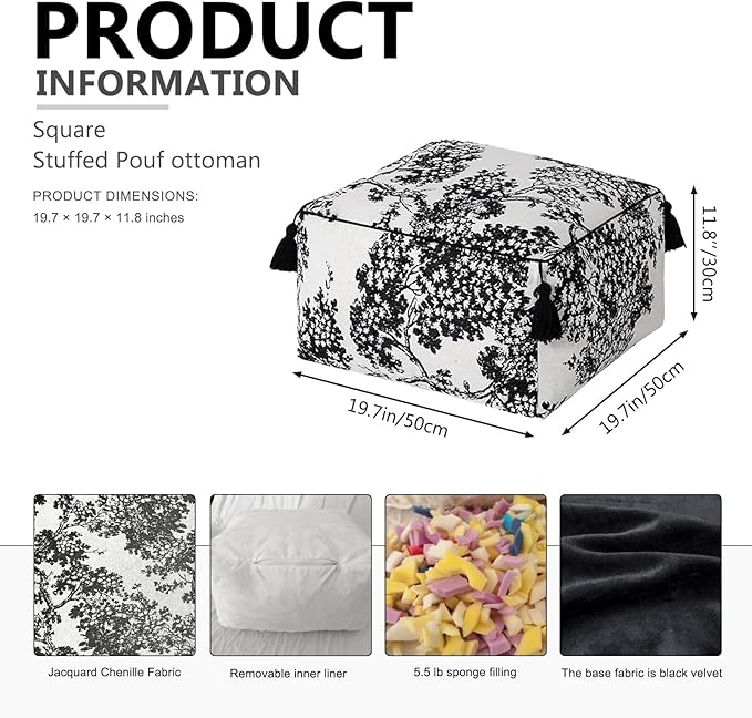 Square Pouf Ottoman Foot Stool with Tassels - Soft Chenille for Living Room & Office - Foot Rest, Home Decor & Removable Cover - Modern Black White Tree Design - 19.7" x 11.8"