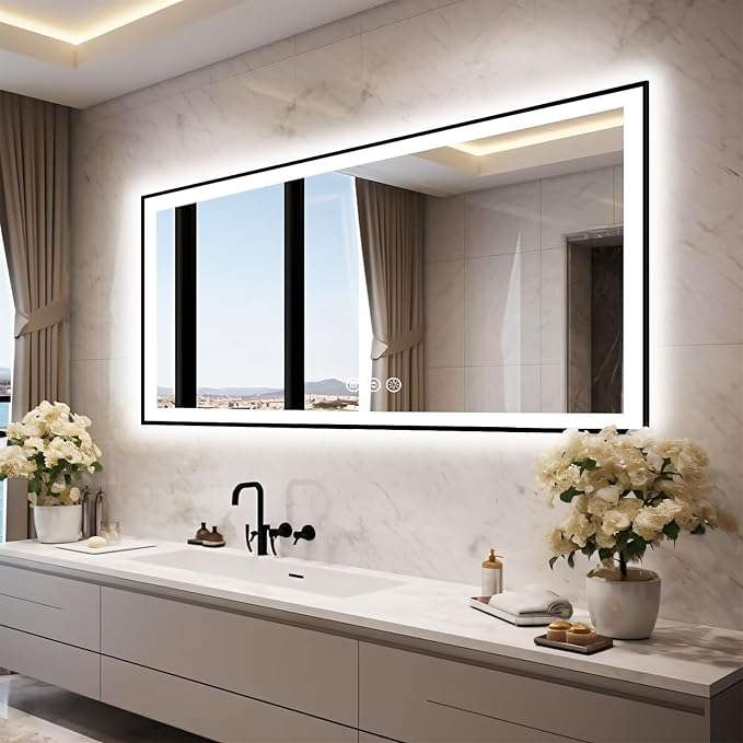 72x32 LED Bathroom Vanity Mirror - Black Aluminum Framed (Front and Backlit), Anti-Fog Large Mirror with Lights,Stepless 3 Colors Dimmable Lighted Mirror(Horizontal/Vertical)