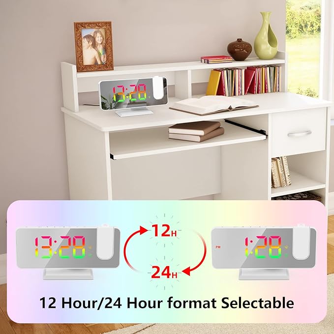 Projection Alarm Clock for Bedroom Ceiling, 180° Rotatable Projector 7.4” Mirror RGB Digital LED Display 12/24H, 5 Level Brightness Dimmer, Dual Alarm Clock (White)