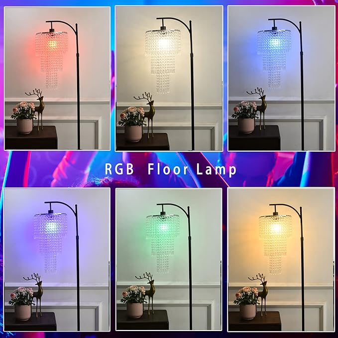 Arc Floor Lamp for Living Room Modern Floor Lamp with Remote Control,Dimmable Crystal Floor Lamps Black Standing Lamp with 10 Color Temperature Tall Chandelier Floor Lamps for Bedroom Corner