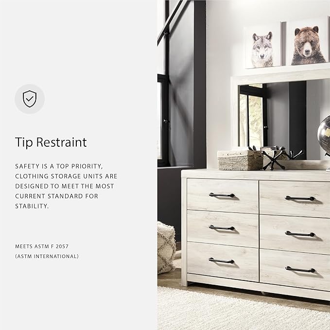 Signature Design by Ashley Cambeck Vintage Smooth-Gliding 6-Drawer Dresser and Mirror with Safety Stop, Whitewash