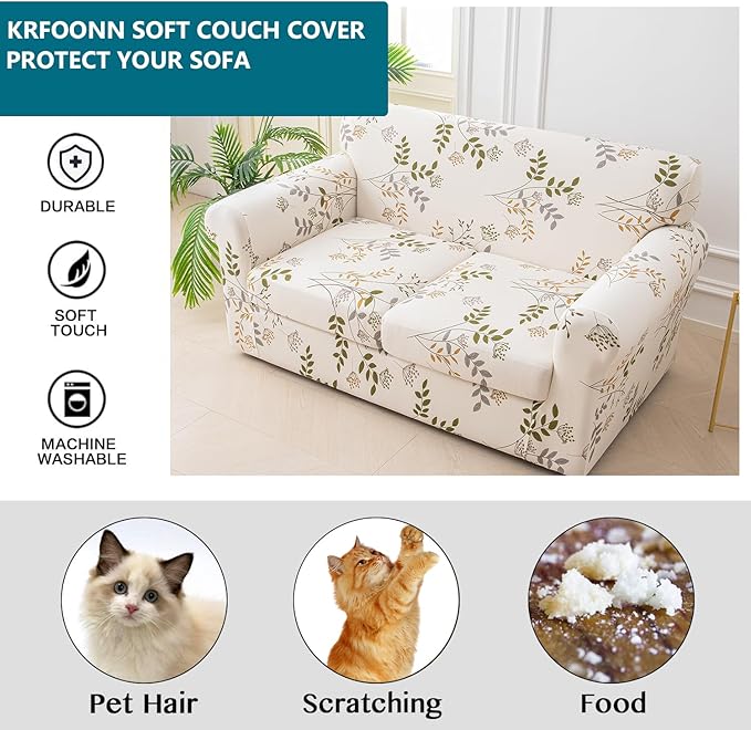 KRFOONN 3 Piece Printed Couch Cover for 2 Cushion Couch Stretch Sofa Loveseat Slipcover with 2 Separate Seat Cushion Covers Furniture Protector with Elastic Bottom for Living Room (Loveseat, 50)