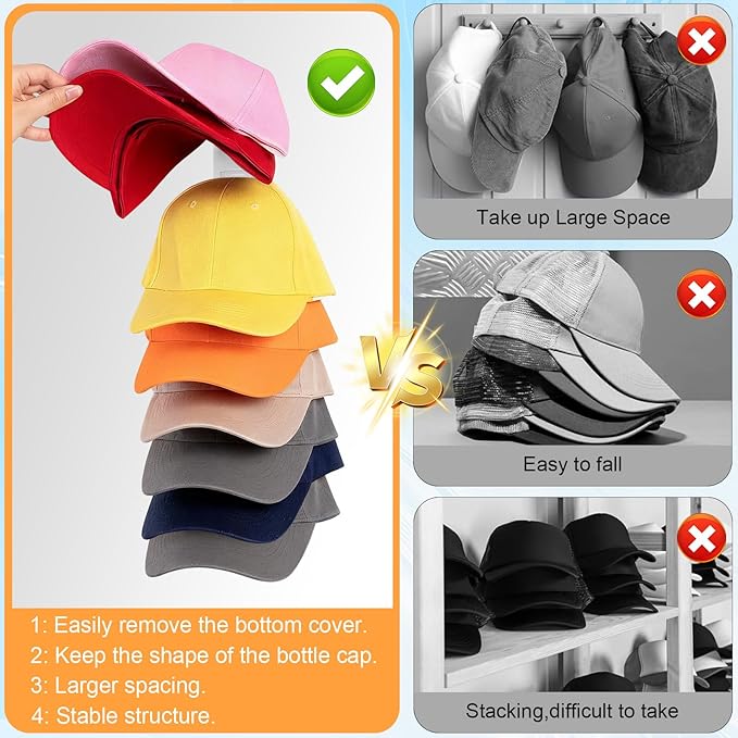 2 Pack Hat Organizer for Baseball Caps, Hat Rack for Wall Hold Up 16 Hats, Strong Adhesive & Screw-in Cap Holder hat hangers for Closet Door & Bedroom (White-2Pcak)