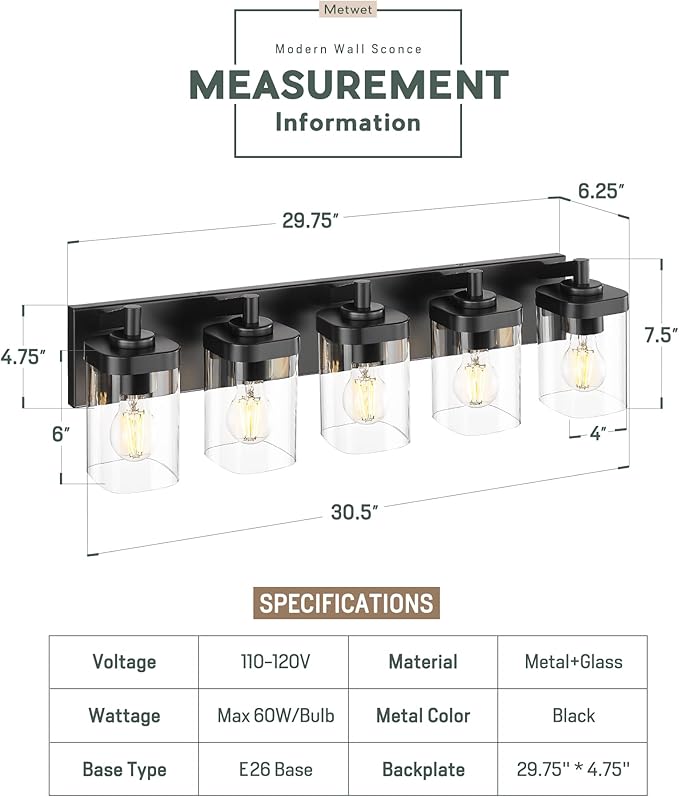 Bathroom Light Fixtures, 5-Light 30" Vanity Light with Square Clear Glass Shade, Modern Matte Black Wall Sconces, Vanity Lighting Fixtures Over Mirror, VL194-MB-5