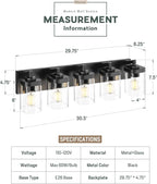Bathroom Light Fixtures, 5-Light 30" Vanity Light with Square Clear Glass Shade, Modern Matte Black Wall Sconces, Vanity Lighting Fixtures Over Mirror, VL194-MB-5