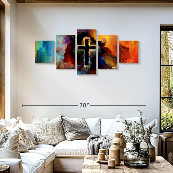 Elephant Stock Colorful Cross Wall Art Multi Piece Canvas - 5 Panel Christian Pictures Decor - Digital Design Canvas Print - Christian Wall Decor - 55" X 24"
