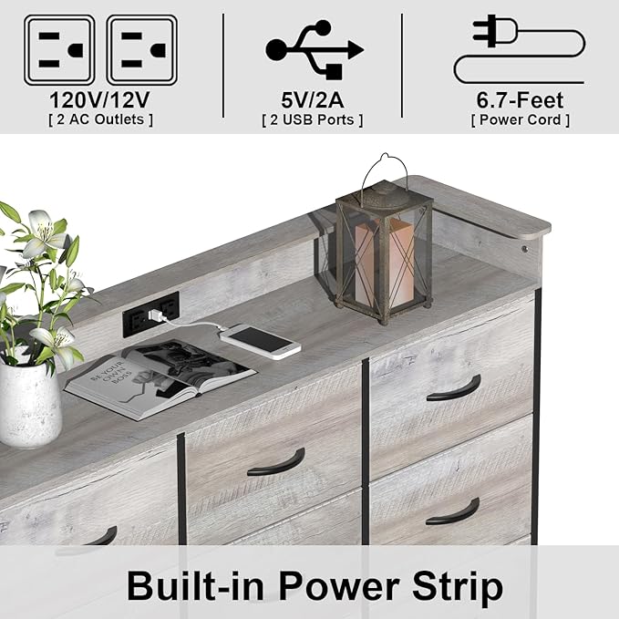 EXOTICA Dresser with Charge Station 9 Drawers Dresser for Bedroom with LED Lights Tall Wide Fabric Dressers & Chests of Drawers for Closet Hallway Entryway Sturdy Steel Frame Wood Top