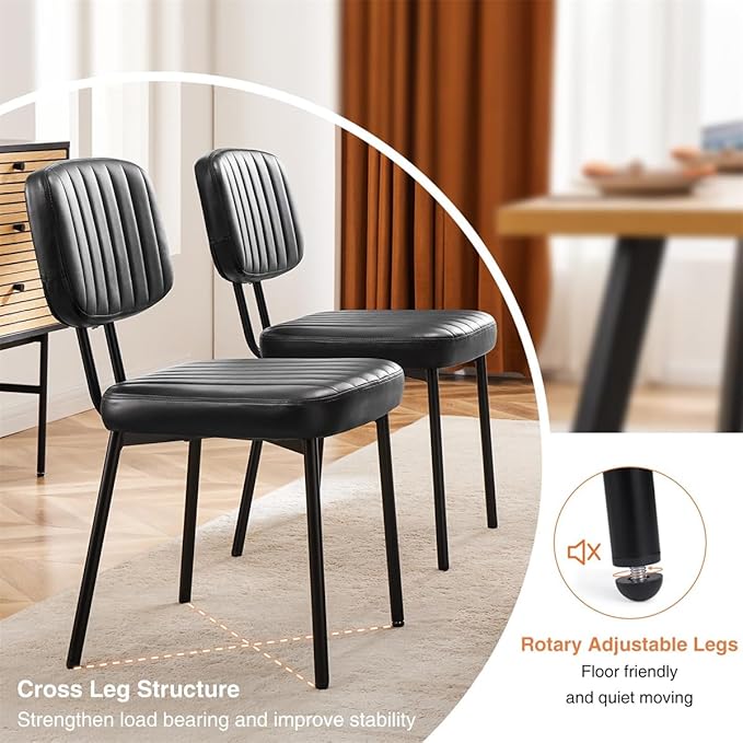 Dining Chairs Set of 2, Mid Century Modern Upholstered Kitchen Chair with PU Leather Cushion Seat & Metal Legs for Home/Living Room/Bedroom/Office-Black