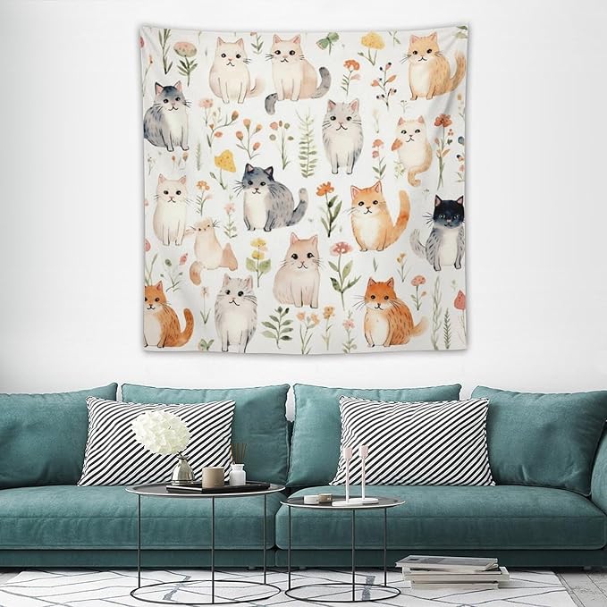 VUMIVI Cute Cat Tapestry Cartoon Pets Flowers Mushrooms Butterflies Watercolor Illustrations Tapestry Wall Hanging for Living Room Bedroom Dorm Classroom Aesthetic Decor W60xL60in