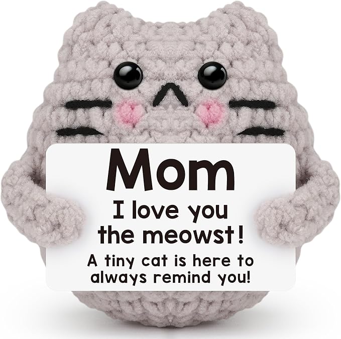 Mothers Day Birthday Gifts for Mom Grandma Godmom Positive Cat Crochet for Mom Grandma Aunt Godmother, Emotional Support Crochet Small Birthday Gifts