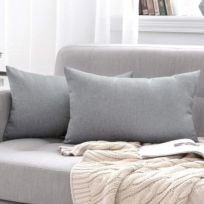 MIULEE Pack of 2 Decorative Outdoor Solid Waterproof Throw Pillow Covers Faux Linen Garden Farmhouse Cushion Cases for Patio Tent Balcony Couch Sofa 20x12 Inch Light Grey