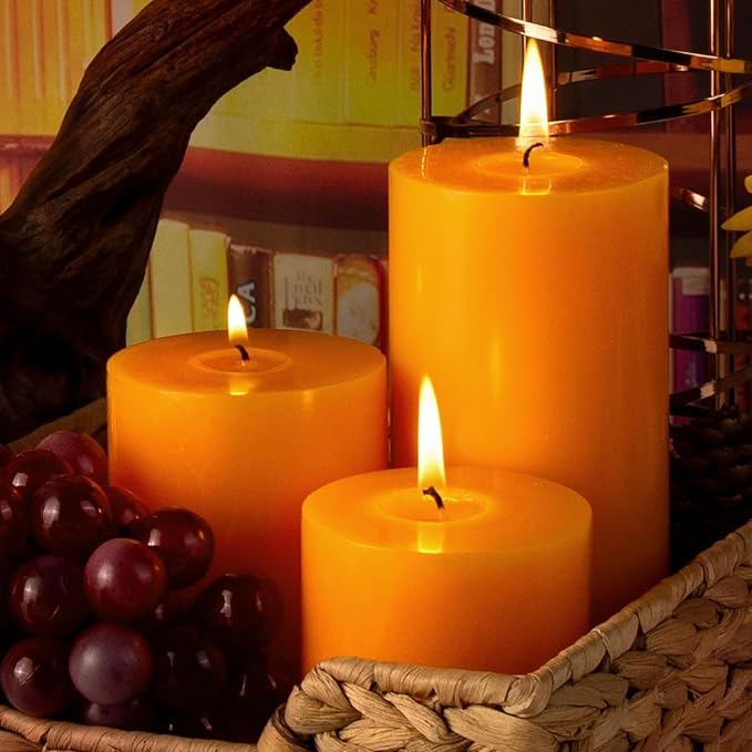 KONNI Orange Pillar Candles Set of 3, 3"x 4" Unscented Pillar Candles Bulk, 40 Hours Long Burning Candles, Smokeless&Dripless Large Round Candle for Wedding, Home Decoration, Parties, Spas, Dinner