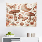 Ambesonne Mandala Tapestry, Medieval Witchcore Art Mushroom Butterfly and Crescent with Leafy Details, Fabric Wall Hanging Decor for Bedroom Living Room Dorm, 28" X 23", Dark Salmon Eggshell