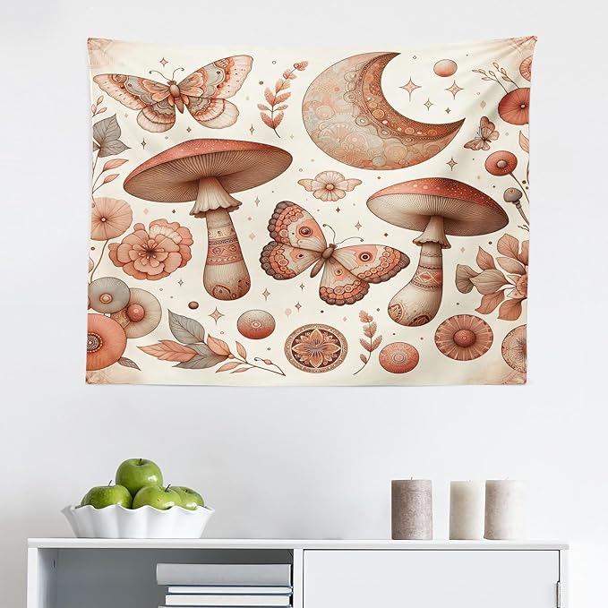 Ambesonne Mandala Tapestry, Medieval Witchcore Art Mushroom Butterfly and Crescent with Leafy Details, Fabric Wall Hanging Decor for Bedroom Living Room Dorm, 28" X 23", Dark Salmon Eggshell