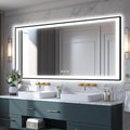Large 84x40 Light Up Bathroom Mirror -Black Aluminum Edge (Front and Backlit), Anti-Fog Vanity Mirror with Lights,Stepless 3 Colors Dimmable Lighted Mirror(Horizontal/Vertical)