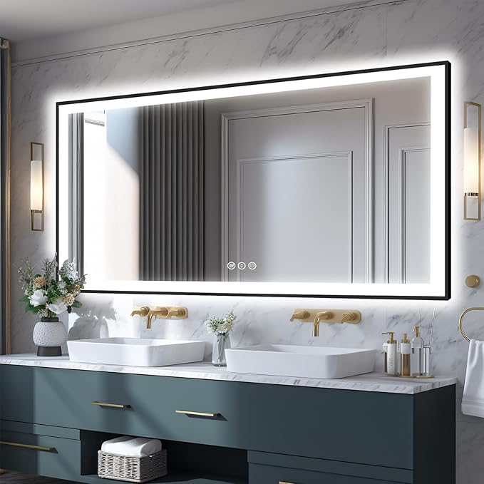 Large 84x40 Light Up Bathroom Mirror -Black Aluminum Edge (Front and Backlit), Anti-Fog Vanity Mirror with Lights,Stepless 3 Colors Dimmable Lighted Mirror(Horizontal/Vertical)