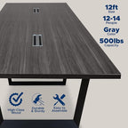 Sturdy Conference Table with Cable Management Grommets Modern Rectangle Office Meeting Table with Wood Tabletop and Metal Frame & Legs- Easy Assembly Boardroom Table (Grey, 12 Foot)