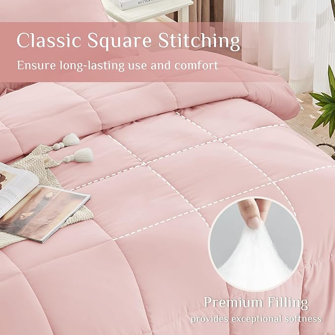JOLLYVOGUE Queen Comforter Set, Ultra-Soft Bed in a Bag Queen Size 7 Pieces, Oeko-TEX Certified Bedding Set with Down Alternative Comforter, Sheets, Pillowcases & Shams, Blush Pink
