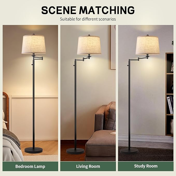 Dimmer LED Floor Lamp,Tall Standing Lamp with Swing Arm,Black Lamp with Dimmer LED Bulb,Elegant Floor Lamp for Living Rooms & Bedroom (Black)