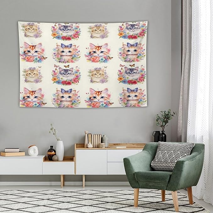 VUMIVI Watercolor Flower Cat Tapestry Colorful Cartoon Cute Animals Butterflies Abstract Art Print Tapestry Wall Hanging for Living Room Bedroom Dorm Classroom Aesthetic Decor W90xL60in