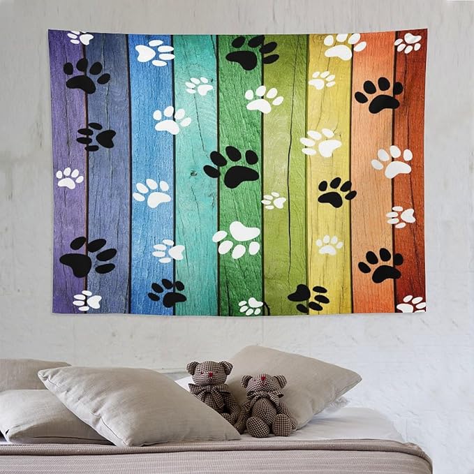 VUMIVI Dog Paw Tapestry Vintage Rustic Colorful Barn Boards Black White Animal Footprints Tapestry Wall Hanging for Living Room Bedroom Dorm Classroom Aesthetic Decor W80xL60in