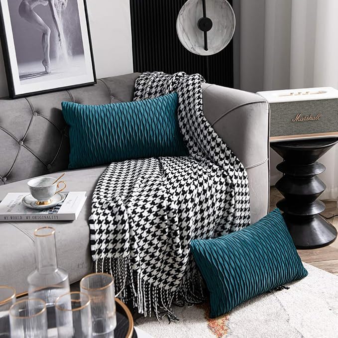 12x20 Teal Throw Pillow Cases: 2 Pack Original Striped Velvet Rectangular Decorative Pillow Covers for Farmhouse Couch