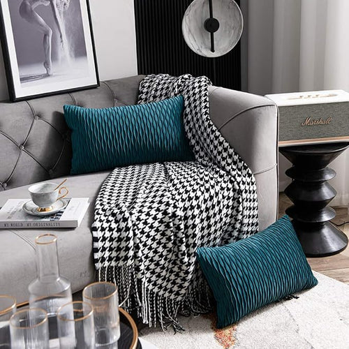 12x20 Teal Throw Pillow Cases: 2 Pack Original Striped Velvet Rectangular Decorative Pillow Covers for Farmhouse Couch