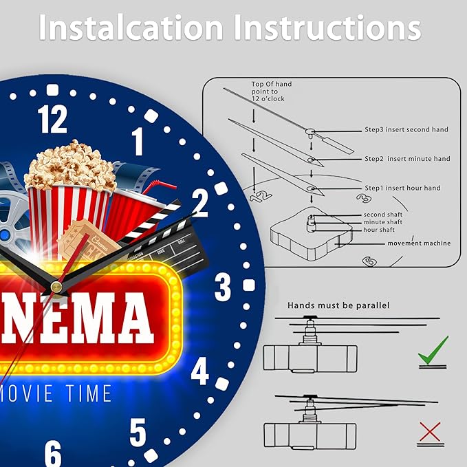 SPUNKER Wall Clock,Cinema Theme Wall Clocks,Movie Time Popcorn Battery Operated Wall Clock Silent Non-Ticking Decorative for Home Kitchen Bathroom Living Room Bedroom Office 10 Inch