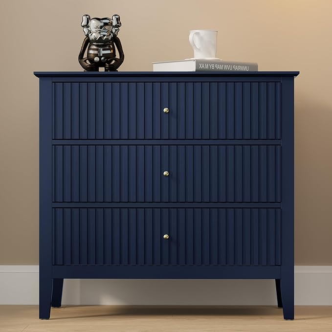 Large Blue Fluted 3 Drawer Dresser Set of 2, Chest of Drawers with Ball Bearing Slide Modern 30 inch Tall Wood Nightstand with Spacious Storage for Bedroom Hallway Living Room Entryway