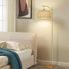 Gold Floor Lamps for Living Room Boho Rattan Floor Lamp with Remote Control & Wicker Lampshades,Vintage Brass Standing Lamp Dimmable Tall Floor Lamp for Bedroom Living Room Corner