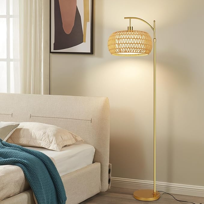 Gold Floor Lamps for Living Room Boho Rattan Floor Lamp with Remote Control & Wicker Lampshades,Vintage Brass Standing Lamp Dimmable Tall Floor Lamp for Bedroom Living Room Corner