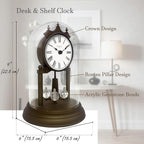 9" Genevieve Mantel Clock with Revolving Pendulum, Modern Anniversary Clock Rotating Pendulum, Wedding Gifts, Desk & Shelf Clock, Roman Numerals,Bronze Finish