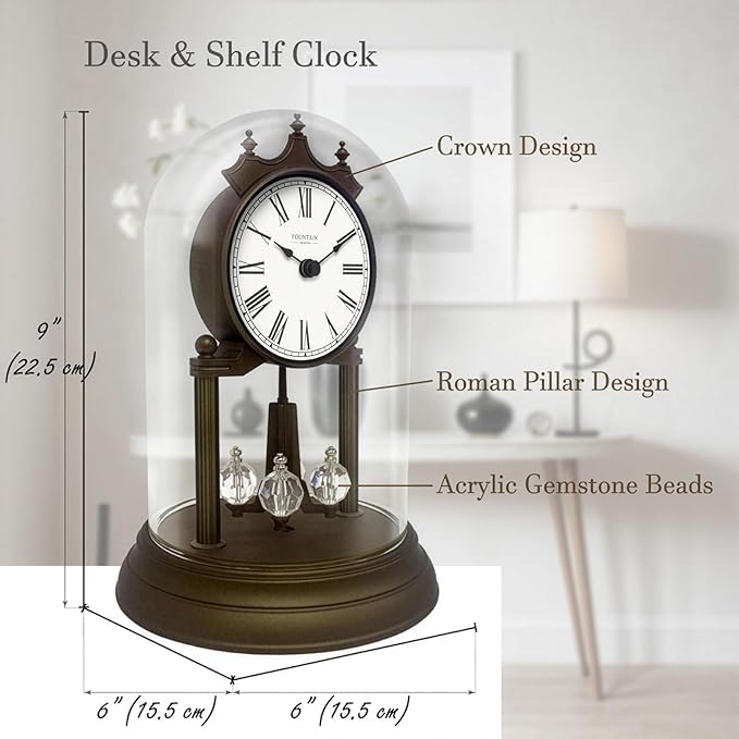 9" Genevieve Mantel Clock with Revolving Pendulum, Modern Anniversary Clock Rotating Pendulum, Wedding Gifts, Desk & Shelf Clock, Roman Numerals,Bronze Finish