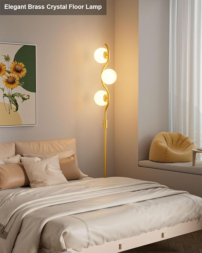 60IN Dimmable Gold Standing Lamps, Ice Crystal Modern Floor Lamp with 3000K G9 Bulbs Included, Mid Century Vintage Globe Floor Lamp for Living Room