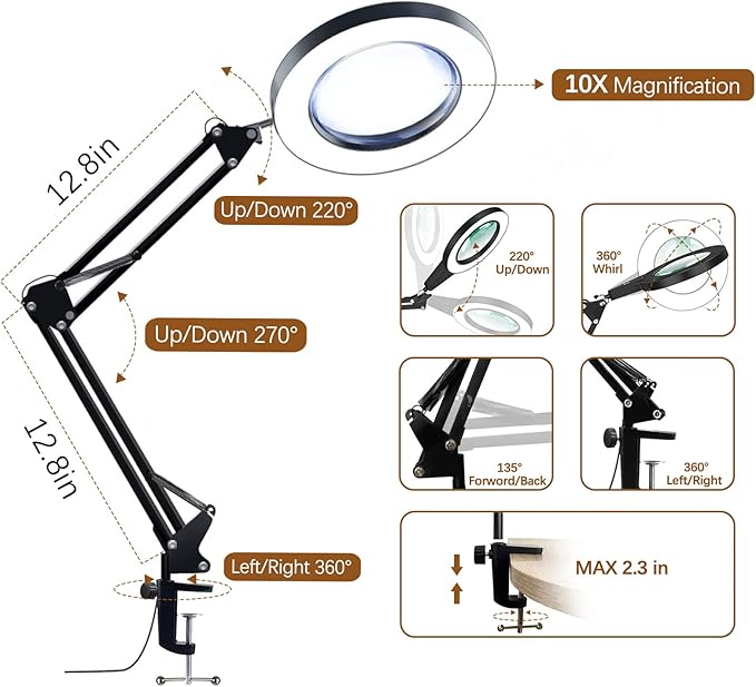 10X Magnifying Glass with Light and Clamp, Magnifier with Light Hands Free3 Color Modes Stepless Dimmable, 72 LEDs Real Glass Lens Magnifying Lamp for Close Work, Repair, Reading, Craft
