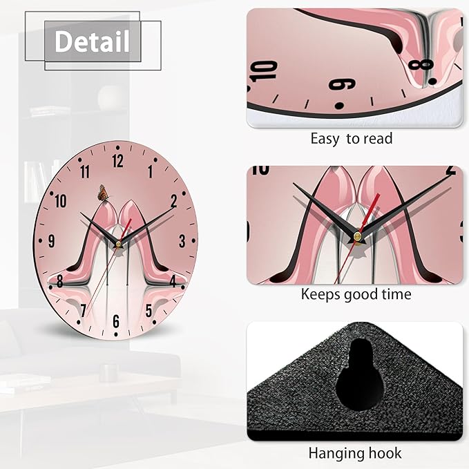 SPUNKER Clock for Bedroom,Pink High Heel Shoes Wall Clocks,Butterfly Battery Operated Wall Clock Silent Non-Ticking Decorative for Home Kitchen Bathroom Living Room Bedroom Office 10 Inch