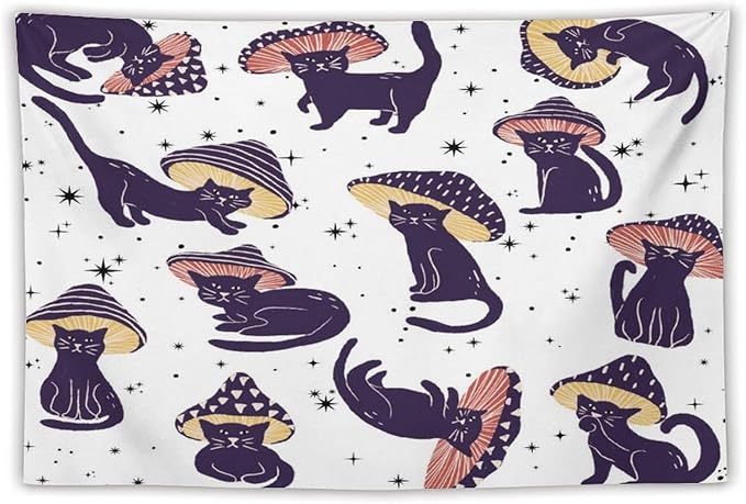 VUMIVI Funny Cat Mushroom Tapestry Retro 70s Hippie Style Cute Black Kitten Star Aesthetic Art Print Tapestry Wall Hanging for Living Room Bedroom Dorm Classroom Aesthetic Decor W90xL60in