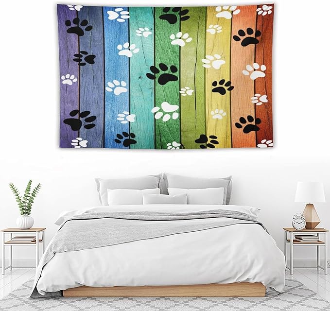 VUMIVI Dog Paw Tapestry Vintage Rustic Colorful Barn Boards Black White Animal Footprints Tapestry Wall Hanging for Living Room Bedroom Dorm Classroom Aesthetic Decor W60xL40in