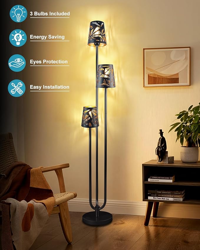 3-Light Black Floor Lamp for Living Room, Unique Candle Holder Style Tall Standing Lamps for Bedroom, 3000K Warmwhite Mid Century Modern Floor Lamp for Home Office(Bulbs Included)