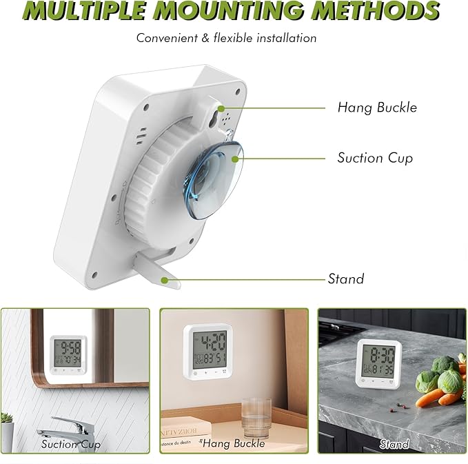 Digital Shower Clock Waterproof, Bathroom Wall Clock Timer with Touch Screen, Temperature, LCD Display, Suction Cup Hanging Hole Stand for Kids and Adults